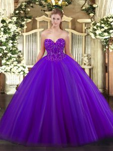Floor Length Lace Up Sweet 16 Quinceanera Dress Purple for Military Ball and Sweet 16 and Quinceanera with Beading