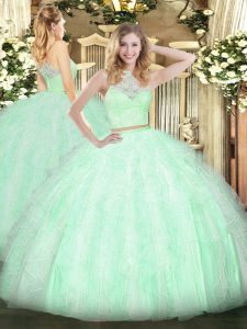 Scoop Sleeveless Zipper 15th Birthday Dress Apple Green Tulle