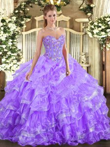 Embroidery and Ruffled Layers Quinceanera Dress Lavender Lace Up Sleeveless Floor Length