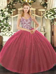 Custom Design Fuchsia Tulle Lace Up Straps Sleeveless Floor Length Quinceanera Dress Beading and Appliques