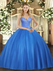 V-neck Sleeveless Lace Up Ball Gown Prom Dress Blue Tulle