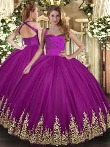 Ball Gowns Sweet 16 Dresses Fuchsia Halter Top Tulle Sleeveless Floor Length Lace Up