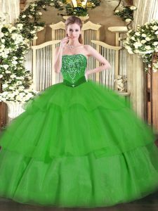 Green Ball Gowns Strapless Sleeveless Tulle Floor Length Lace Up Beading and Ruffled Layers Quinceanera Gown