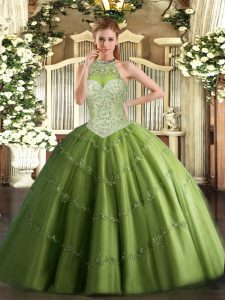 Halter Top Sleeveless Ball Gown Prom Dress Floor Length Beading and Appliques Olive Green Tulle