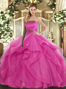 Hot Pink Tulle Lace Up Sweet 16 Dresses Sleeveless Floor Length Ruffles
