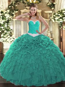 Modest Ball Gowns 15 Quinceanera Dress Turquoise Sweetheart Organza Sleeveless Floor Length Lace Up