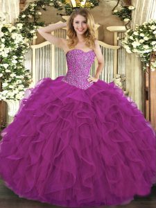 Ideal Fuchsia Sweetheart Lace Up Beading and Ruffles Quinceanera Dress Sleeveless