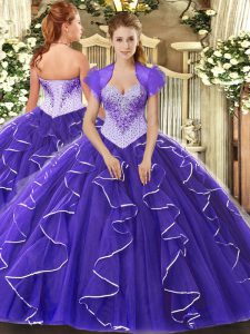 Hot Sale Sweetheart Cap Sleeves Sweet 16 Dresses Floor Length Beading Purple Tulle