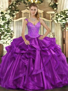 Low Price Sleeveless Organza Floor Length Lace Up Quince Ball Gowns in Purple with Beading and Ruffles