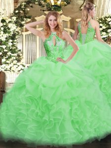 Lovely Ball Gowns Halter Top Sleeveless Organza Floor Length Lace Up Beading 15 Quinceanera Dress