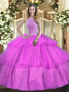 Ball Gowns Quinceanera Dresses Lilac High-neck Tulle Sleeveless Floor Length Lace Up