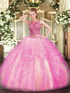 Rose Pink Lace Up Scoop Beading and Ruffles Quinceanera Gown Tulle Sleeveless