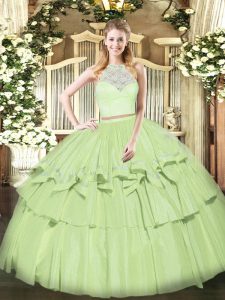 Sleeveless Zipper Floor Length Lace and Ruffled Layers Quinceanera Gown