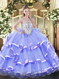 Eye-catching Lavender Ball Gowns Beading and Ruffled Layers Quinceanera Gown Zipper Organza Sleeveless Floor Length