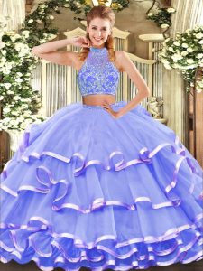 Dazzling Lavender Criss Cross 15 Quinceanera Dress Beading and Ruffled Layers Sleeveless Floor Length