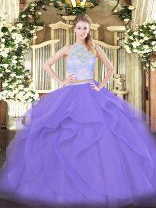 Noble Lavender Quinceanera Dresses Military Ball and Sweet 16 and Quinceanera with Lace and Ruffles Scoop Sleeveless Zipper