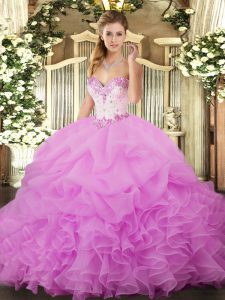 Dynamic Sweetheart Sleeveless Quinceanera Gowns Floor Length Beading and Ruffles and Pick Ups Lilac Organza