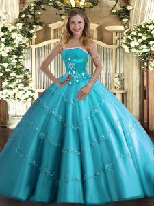 Fashionable Aqua Blue Lace Up Quinceanera Dress Beading and Appliques and Ruffled Layers Sleeveless Floor Length