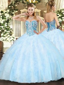 Cute Tulle Sweetheart Sleeveless Lace Up Beading and Ruffles Sweet 16 Dress in Light Blue