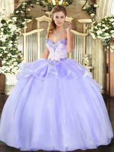 Sleeveless Organza Floor Length Lace Up Sweet 16 Dress in Lavender with Beading