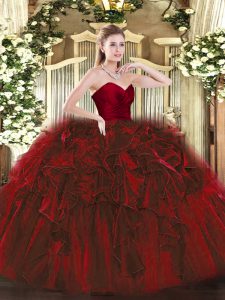 Floor Length Zipper Ball Gown Prom Dress Wine Red for Military Ball and Sweet 16 and Quinceanera with Ruffles