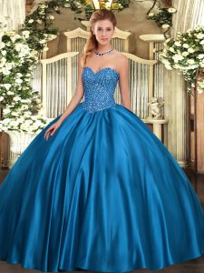 Smart Sleeveless Satin Floor Length Lace Up Quinceanera Gowns in Blue with Beading