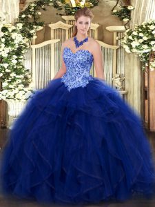 Dynamic Blue Sleeveless Floor Length Appliques and Ruffles Lace Up Sweet 16 Dresses