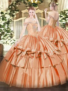 Unique Organza Off The Shoulder Sleeveless Lace Up Beading and Ruffled Layers 15 Quinceanera Dress in Orange Red