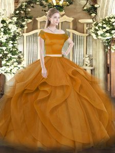 Fashionable Brown Sweet 16 Quinceanera Dress Military Ball and Sweet 16 and Quinceanera with Appliques and Ruffles Off The Shoulder Short Sleeves Zipper