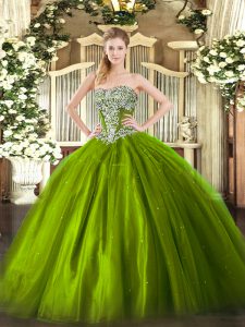 Olive Green Sleeveless Tulle Lace Up Quinceanera Dresses for Military Ball and Sweet 16 and Quinceanera