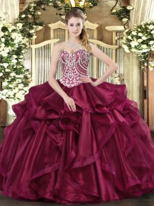 Fashionable Floor Length Ball Gowns Sleeveless Wine Red Quince Ball Gowns Lace Up