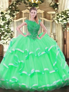 Apple Green Ball Gowns Beading and Ruffled Layers Vestidos de Quinceanera Lace Up Organza Sleeveless Floor Length