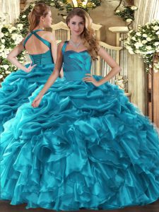 Pretty Teal Lace Up Halter Top Ruffles and Pick Ups 15th Birthday Dress Organza Sleeveless