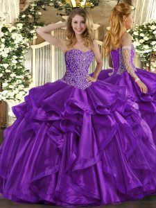 Purple Sleeveless Beading and Ruffles Floor Length Sweet 16 Dresses