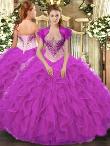 Fuchsia Ball Gowns Sweetheart Sleeveless Organza Floor Length Lace Up Beading and Ruffles Quinceanera Gown