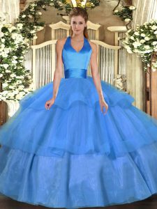 Top Selling Floor Length Baby Blue 15th Birthday Dress Tulle Sleeveless Ruffled Layers