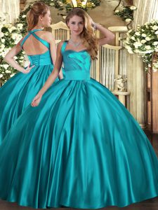Cute Floor Length Teal Sweet 16 Dress Halter Top Sleeveless Lace Up