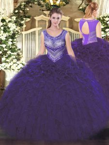 Purple Organza Lace Up Scoop Sleeveless Floor Length Vestidos de Quinceanera Beading and Ruffles