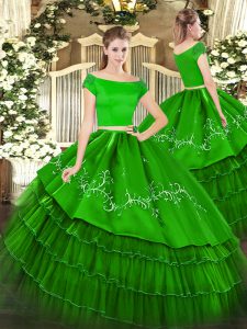 Green Sweet 16 Dress Military Ball and Sweet 16 and Quinceanera with Embroidery and Ruffled Layers Off The Shoulder Short Sleeves Zipper