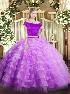 Adorable Floor Length Two Pieces Short Sleeves Lilac Ball Gown Prom Dress Zipper