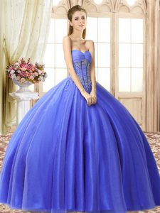 Blue Sleeveless Beading Floor Length Quinceanera Dress