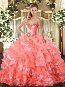 Lovely Sweetheart Sleeveless 15 Quinceanera Dress Floor Length Beading and Ruffled Layers Watermelon Red Organza