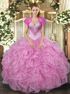 Rose Pink Ball Gowns Sweetheart Sleeveless Organza Floor Length Lace Up Beading and Ruffles Sweet 16 Dress