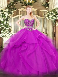 Fuchsia Sleeveless Tulle Lace Up Vestidos de Quinceanera for Military Ball and Sweet 16 and Quinceanera