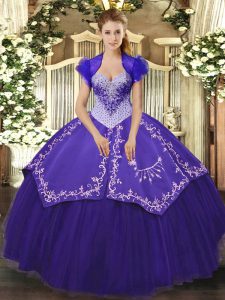Deluxe Purple Ball Gowns Beading and Embroidery Quinceanera Dress Lace Up Satin and Tulle Sleeveless Floor Length