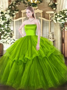 High Class Olive Green Zipper Strapless Ruffled Layers Quinceanera Dresses Tulle Sleeveless Brush Train