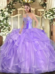 Lavender Sleeveless Floor Length Beading and Ruffles Lace Up Quinceanera Dress