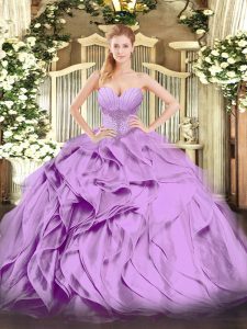 Free and Easy Sweetheart Sleeveless Ball Gown Prom Dress Floor Length Beading and Ruffles Lavender Organza