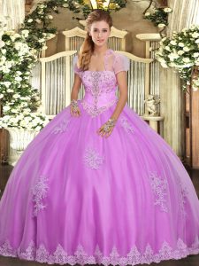 Noble Strapless Sleeveless Tulle 15 Quinceanera Dress Appliques Lace Up