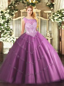 Elegant Lilac Tulle Zipper Scoop Sleeveless Floor Length Sweet 16 Quinceanera Dress Beading
